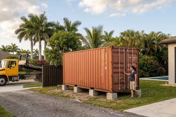 Tilt-bed truck delivering a shipping container