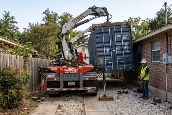 Side-lifter truck delivering a shipping container